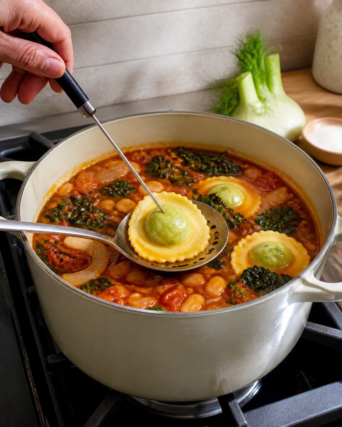 En mør hel tortellini med intakt søm løftes fra roligt simrende suppe og måles i fyldets centrum uden sprængt pasta eller rå kerne