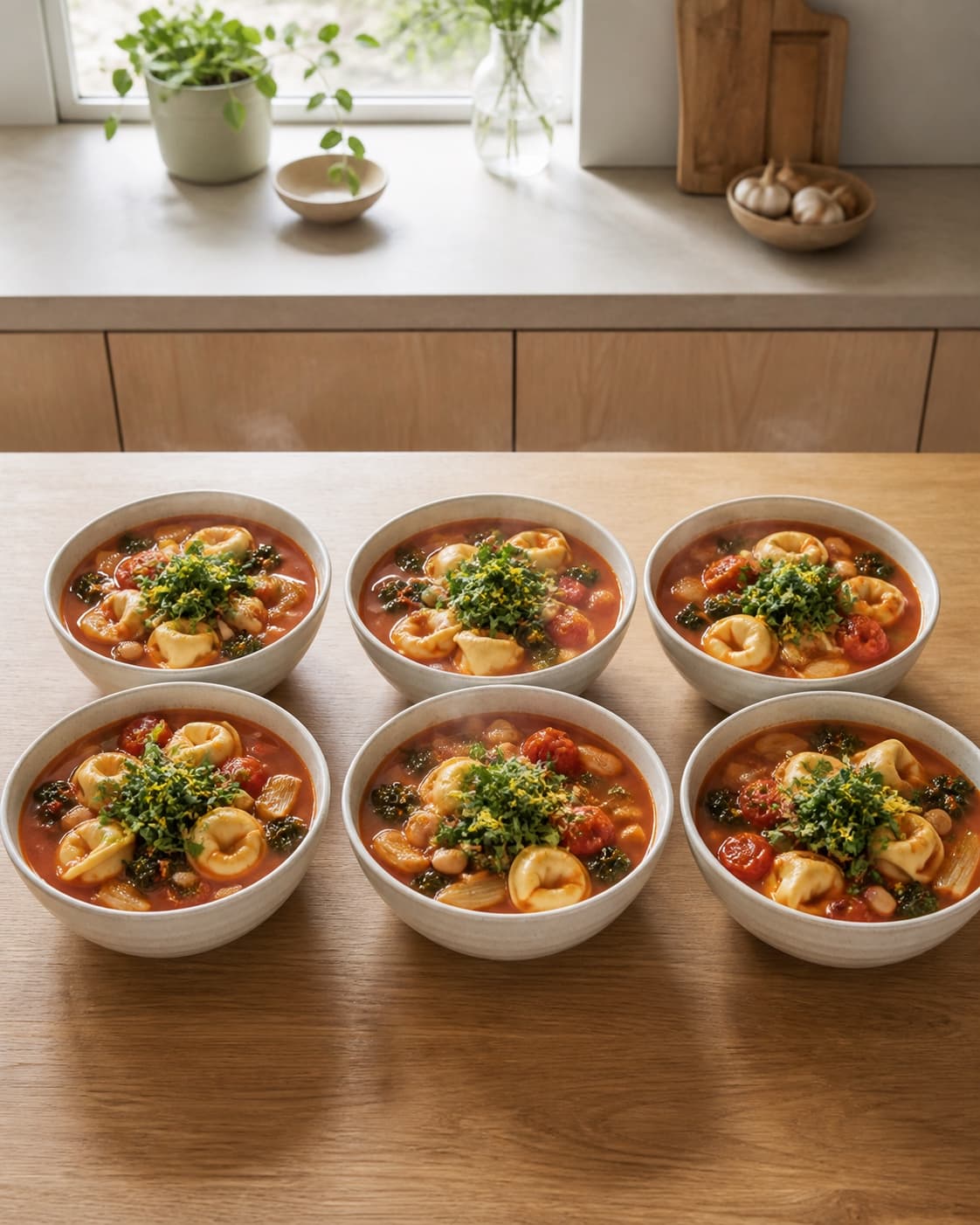 Præcis seks varme suppeskåle står i to rækker med hele tortellini, bønner, grønkål og en lille frisk grøn top af citron-persillegremolata