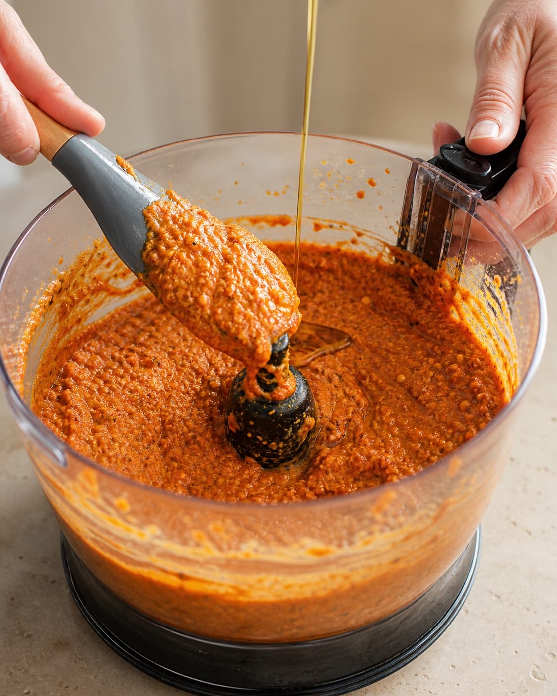 En dejskraber løfter tyk rødorange romesco med tydelige fine nøddeflekker fra foodprocessoren, mens olie tilsættes i en smal stråle