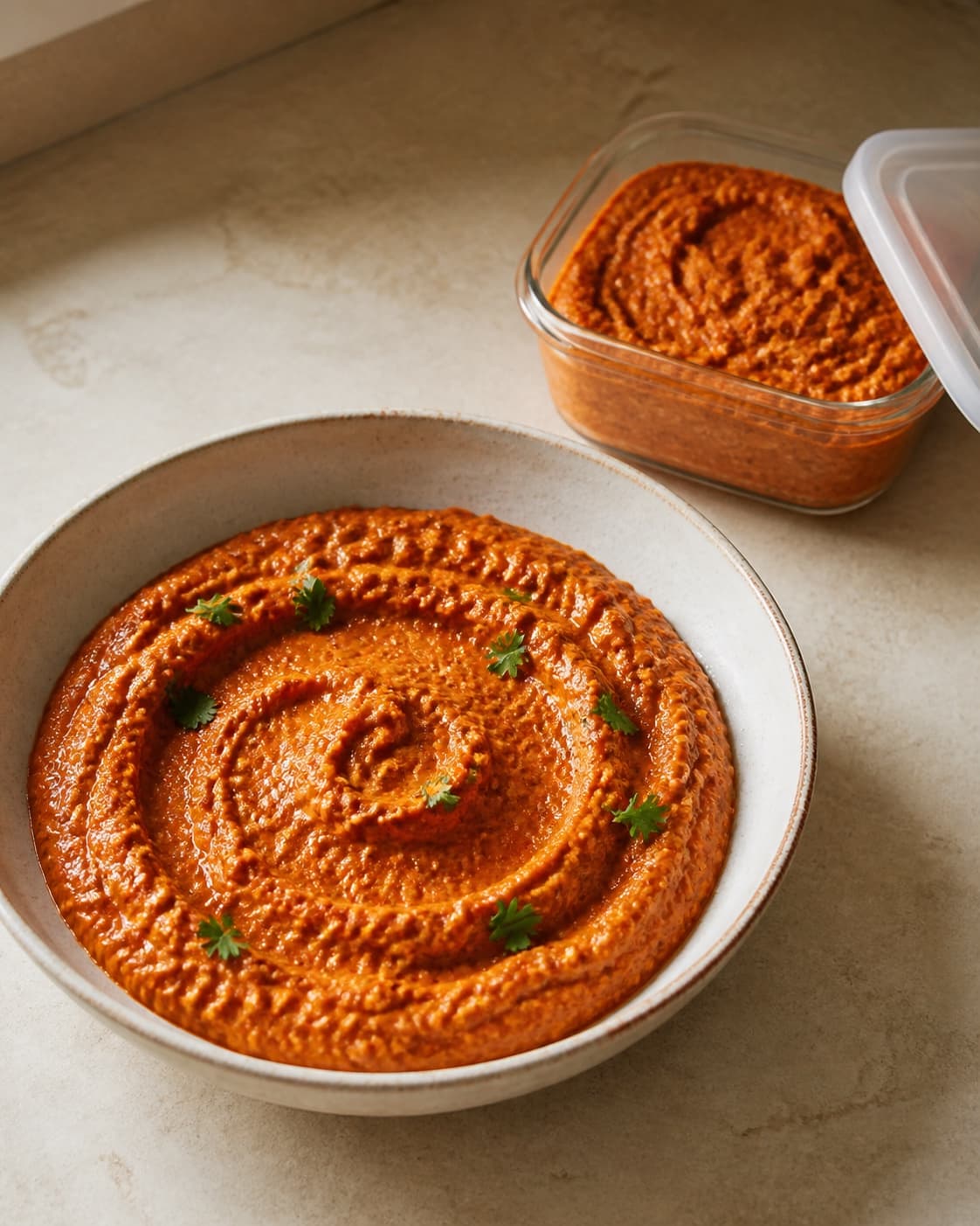 Rustik rødorange romesco med bred ske-spiral og få persilleblade står klar ved siden af en lav beholder til hurtig nedkøling