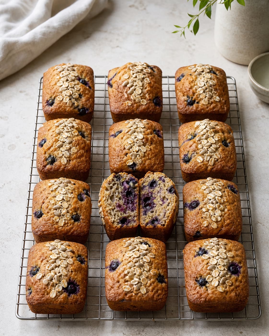 Præcis tolv gyldne rektangulære morgenmadsmuffins køler frit på rist, og én delt muffin viser saftig men helt sat blåbærkrumme