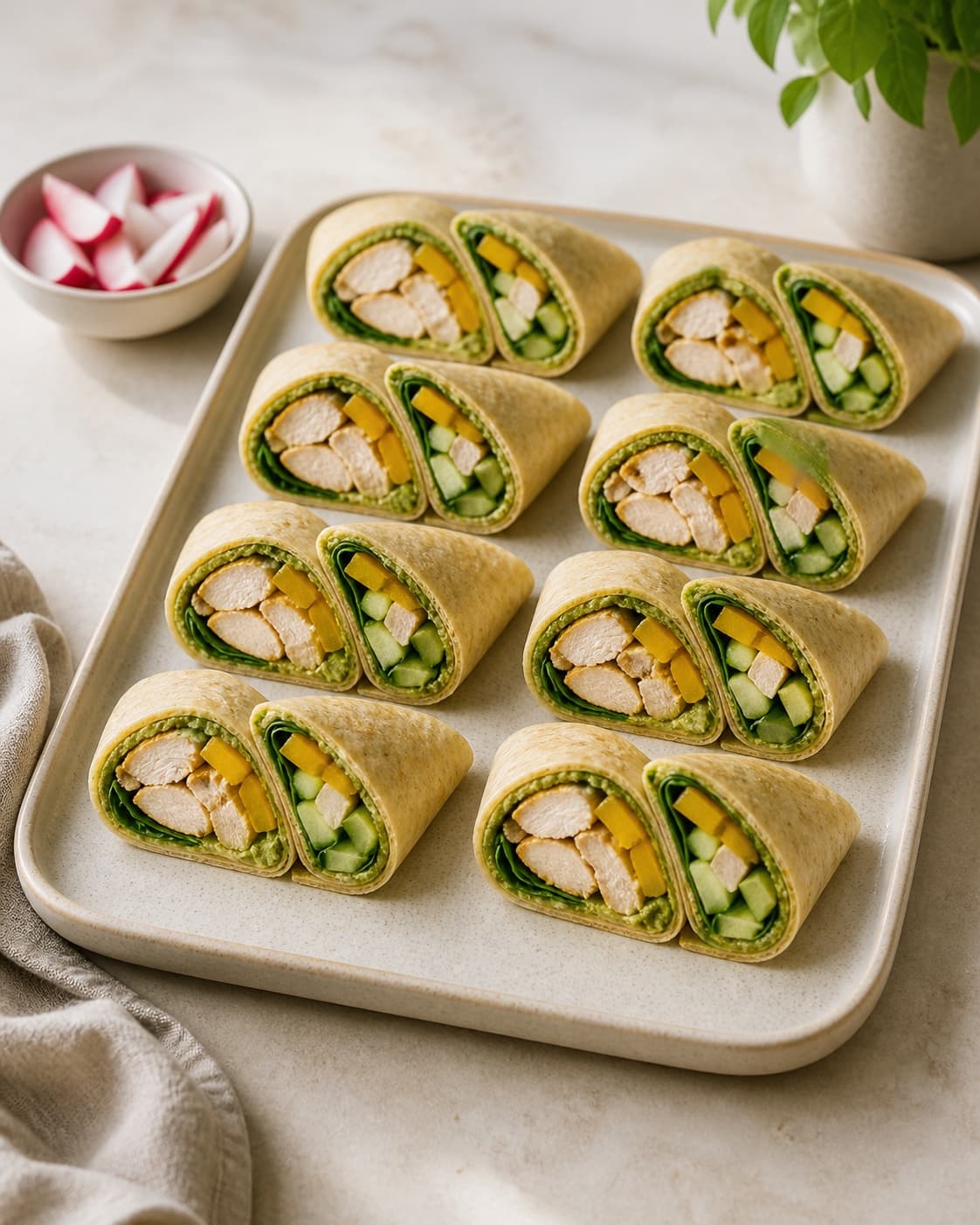 Præcis tolv stramt rullede wrap-halvdele ligger i seks par med synlige lag af pesto, gennemstegt kylling, gul peber, agurk og spinat