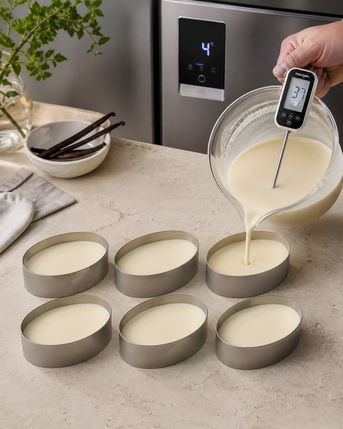 Glat klumpfri yoghurtmasse ved 37 °C fordeles ens i præcis seks ovale forme, mens køleskabet er klar ved tydelige 4 °C