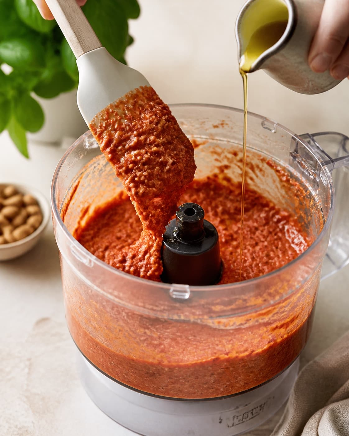 Tæt murstensrød peberpesto med fine mandelflekker løftes fra foodprocessoren, mens olien tilsættes i en tynd stråle uden udskillelse