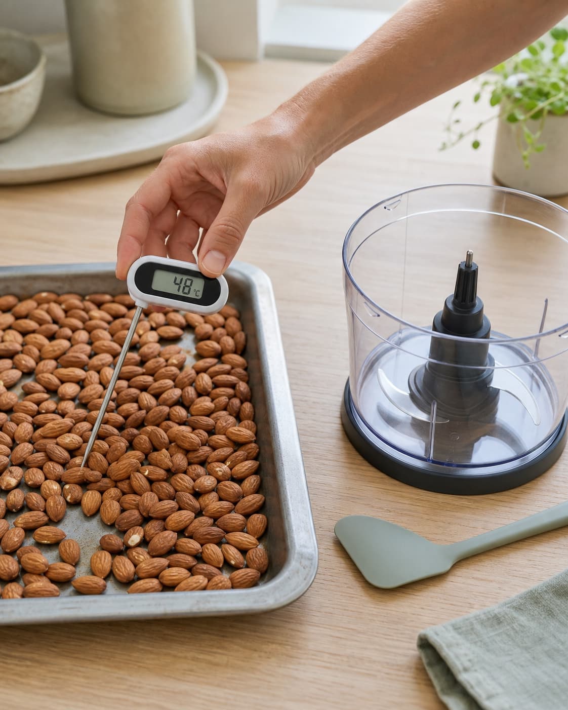 Lune tørre ristede mandler måles til præcis 48 °C ved siden af en helt tør foodprocessorskål med monteret kniv og tør dejskraber