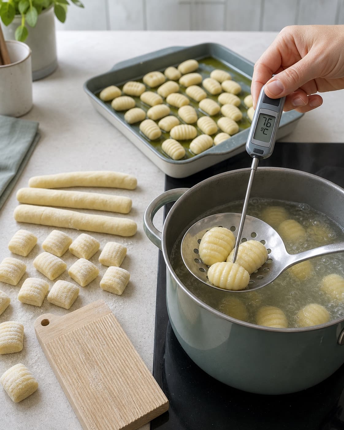 Riflede ovale gnocchi formes fra ens dejpølser og koger roligt, mens præcis tre store stykker løftes og ét centrum måles til 76 °C