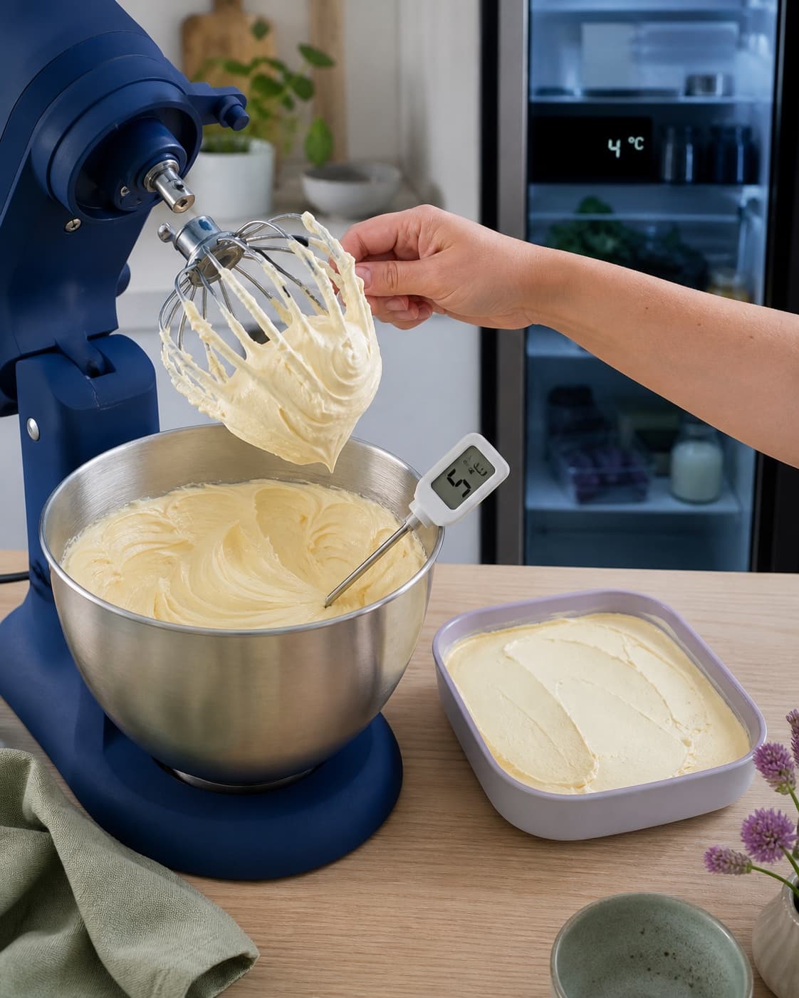 Kold palegylden cheddarcreme ved 5 °C holder en bred luftig spiral på den standsede pisker, mens køleskabet bagved viser 4 °C