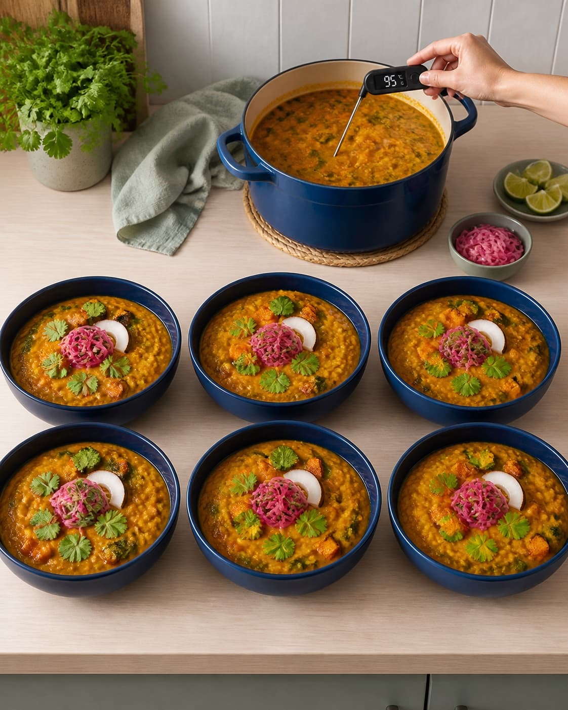 Præcis seks dybe koboltblå skåle er fyldt med varm grov linsesuppe, spinat og intakte søde kartoffeltern, mens serveringsgryden viser 95 °C