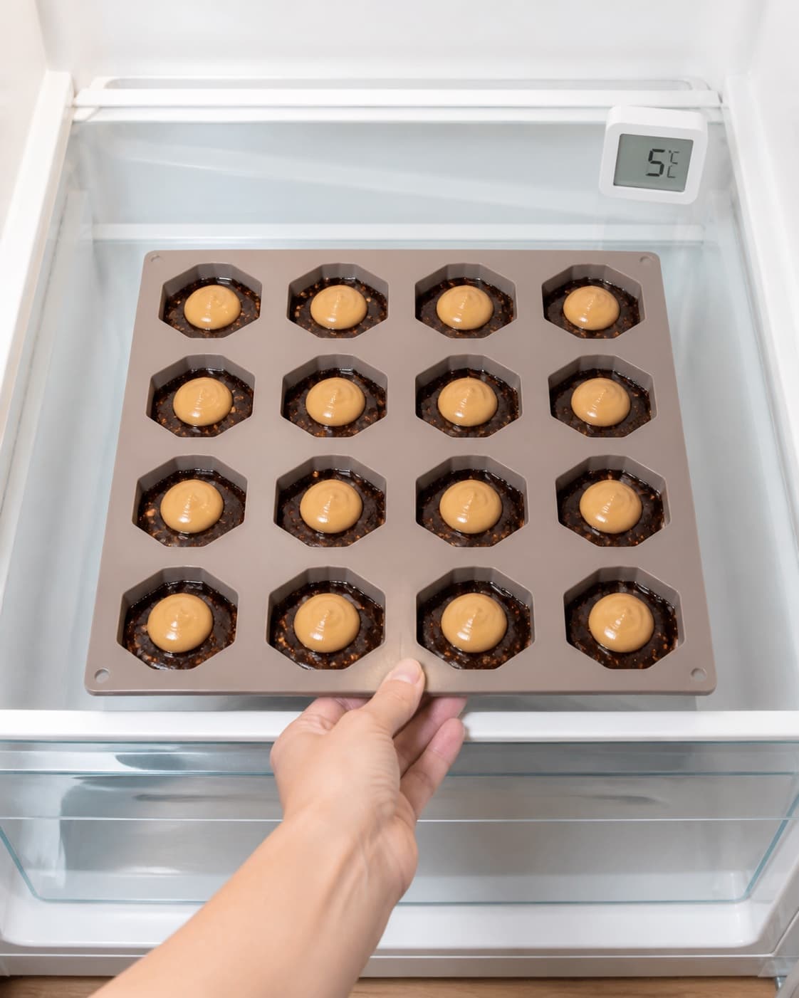Præcis seksten ens hasselnøddekerner står centreret i hver sin cacao-dadelfordybning i et 4 × 4-gitter under køling ved 5 °C