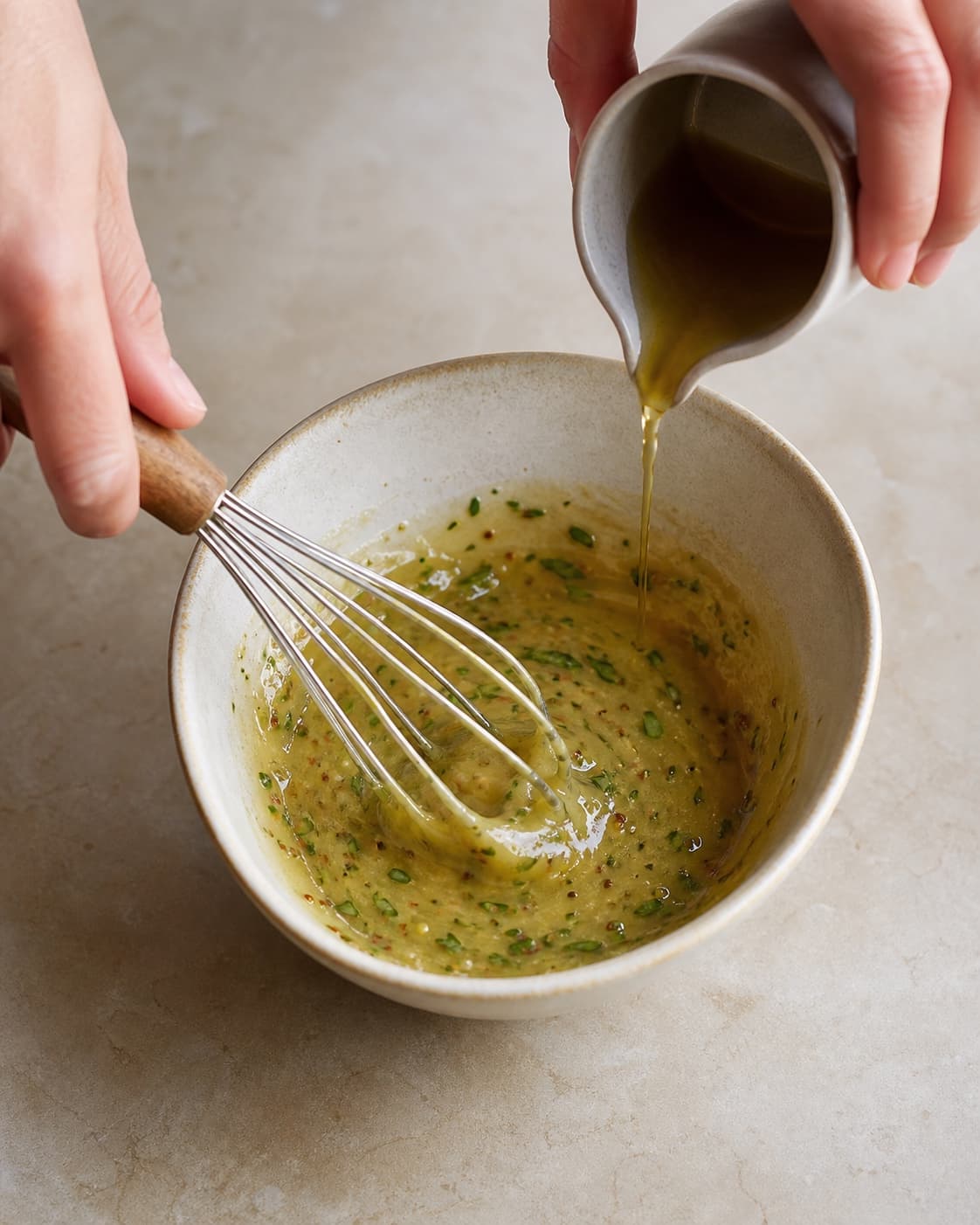 En tynd oliestråle piskes ind i en blank sammenhængende vinaigrette med synlige sennepskorn og fin grøn tarragon uden fri oliesø