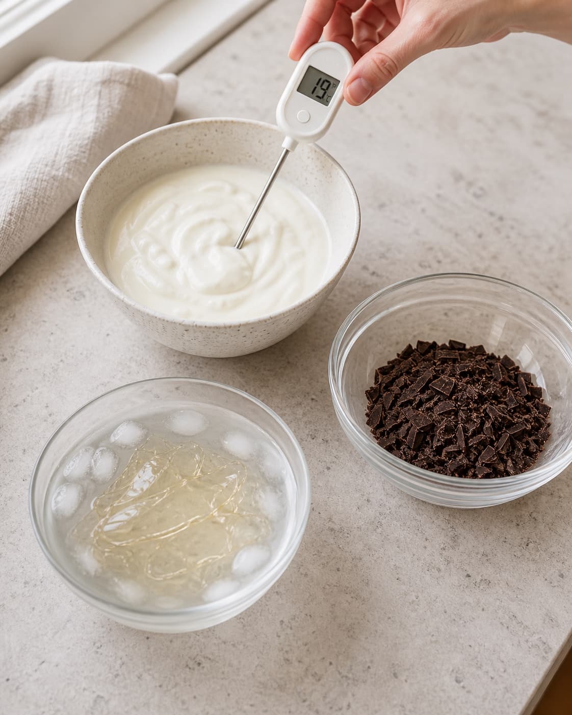 Græsk yoghurt måles til 19 °C ved siden af blød gelatine i isvand og en helt tør skål med finthakket mørk chokolade