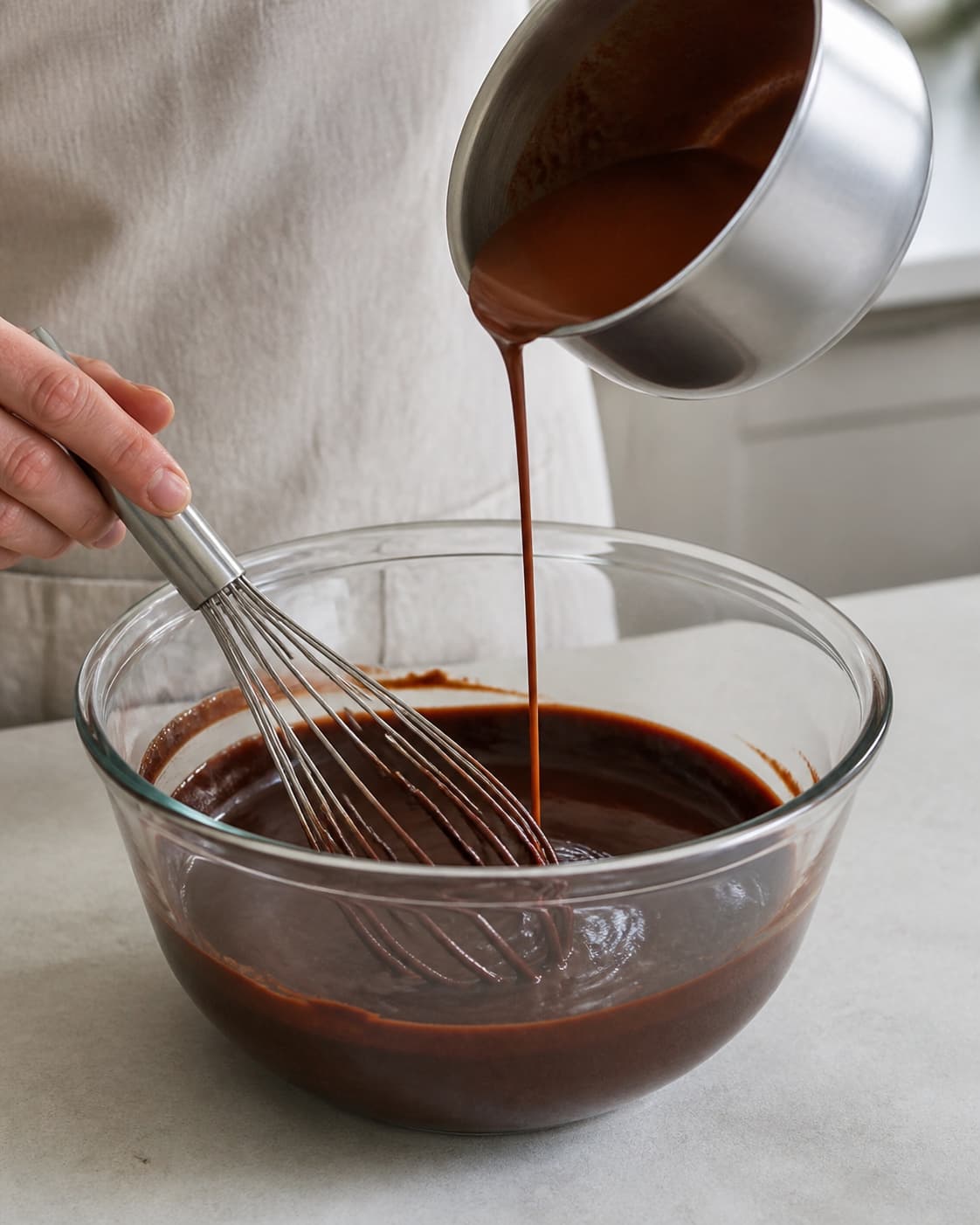 En lille portion varm espresso-cacaoblanding hældes i en tynd stråle under piskning til en mørk blank emulsion uden klumper eller olieperler
