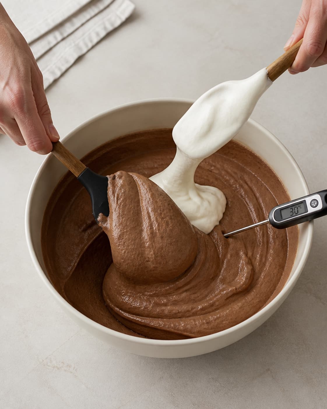 Blødt pisket fløde falder i en hængende fold ned i luftig chokolade-yoghurtmasse ved 30 °C uden stive toppe eller hvide striber