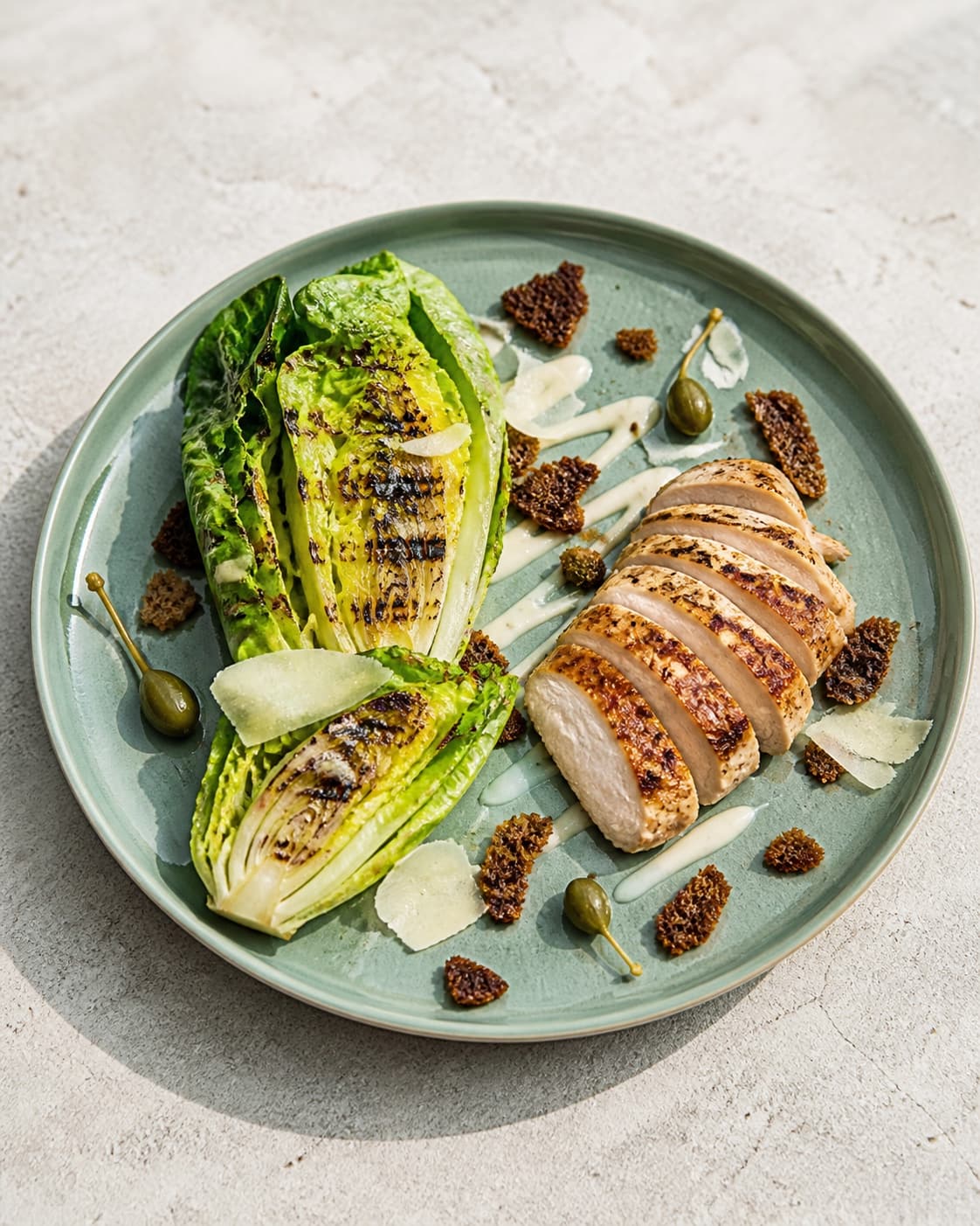 Én havgrøn tallerken rummer præcis to grillede romainehalvdele, en vifte af gennemstegt kylling, smal dressing, rugskår, parmesan og få kapersbær