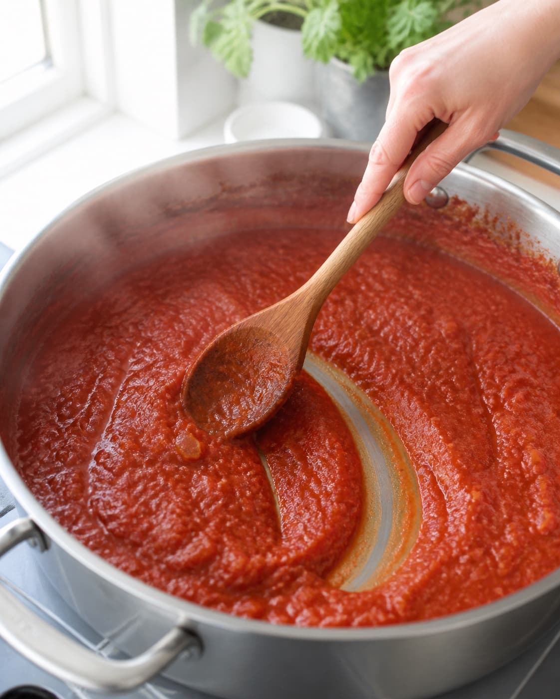Dybrød tæt tomatsauce holder en kort ren bane efter træskeen uden vandrand, rå tomatpuré eller brændte pletter