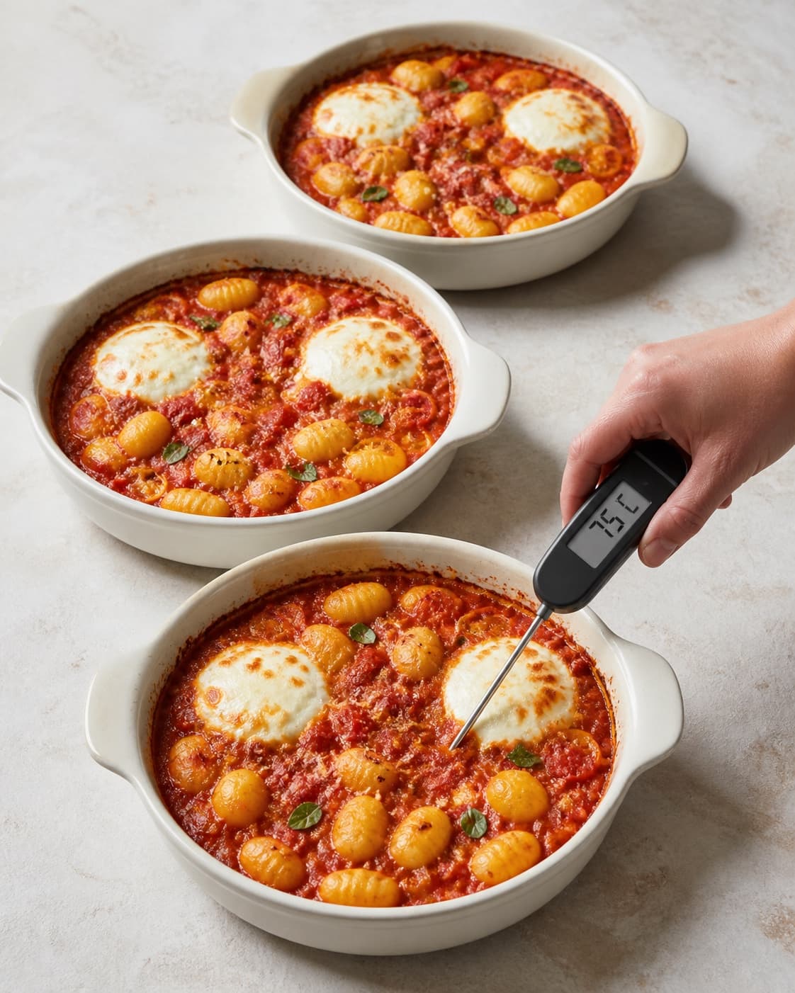 Præcis tre gratinerede gnocchifad har to adskilte gyldne mozzarellaøer, kun gyldne tomater og en målt centrumtemperatur på 75 °C