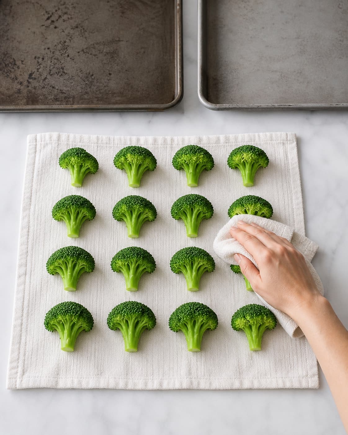 Præcis seksten matte broccolirosetter damptørrer i fire rækker på et rent viskestykke ved siden af to tunge metalbageplader