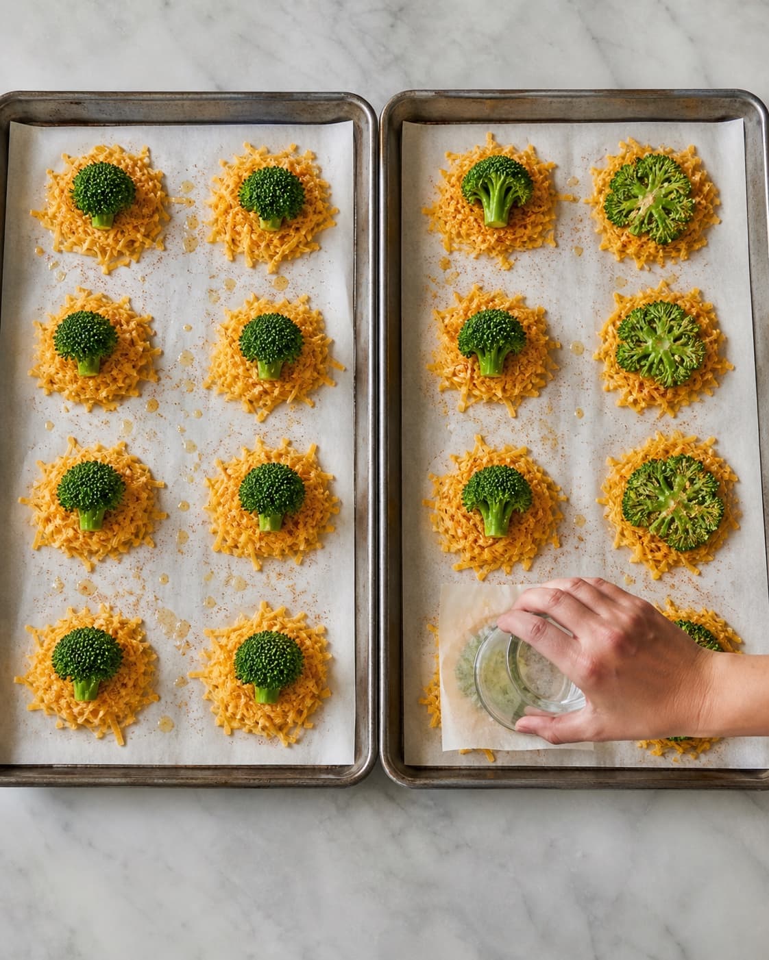 To bageplader rummer præcis seksten adskilte cheddarøer med én broccoliroset på hver, mens én trykkes flad gennem bagepapir