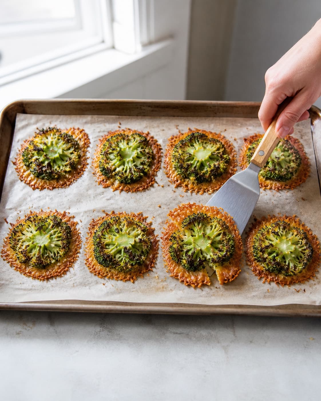 Præcis otte bagte broccolirunder har ravgyldne sprøde cheddarhaloer og grøn midte, mens én løftes efter fire minutters hvile