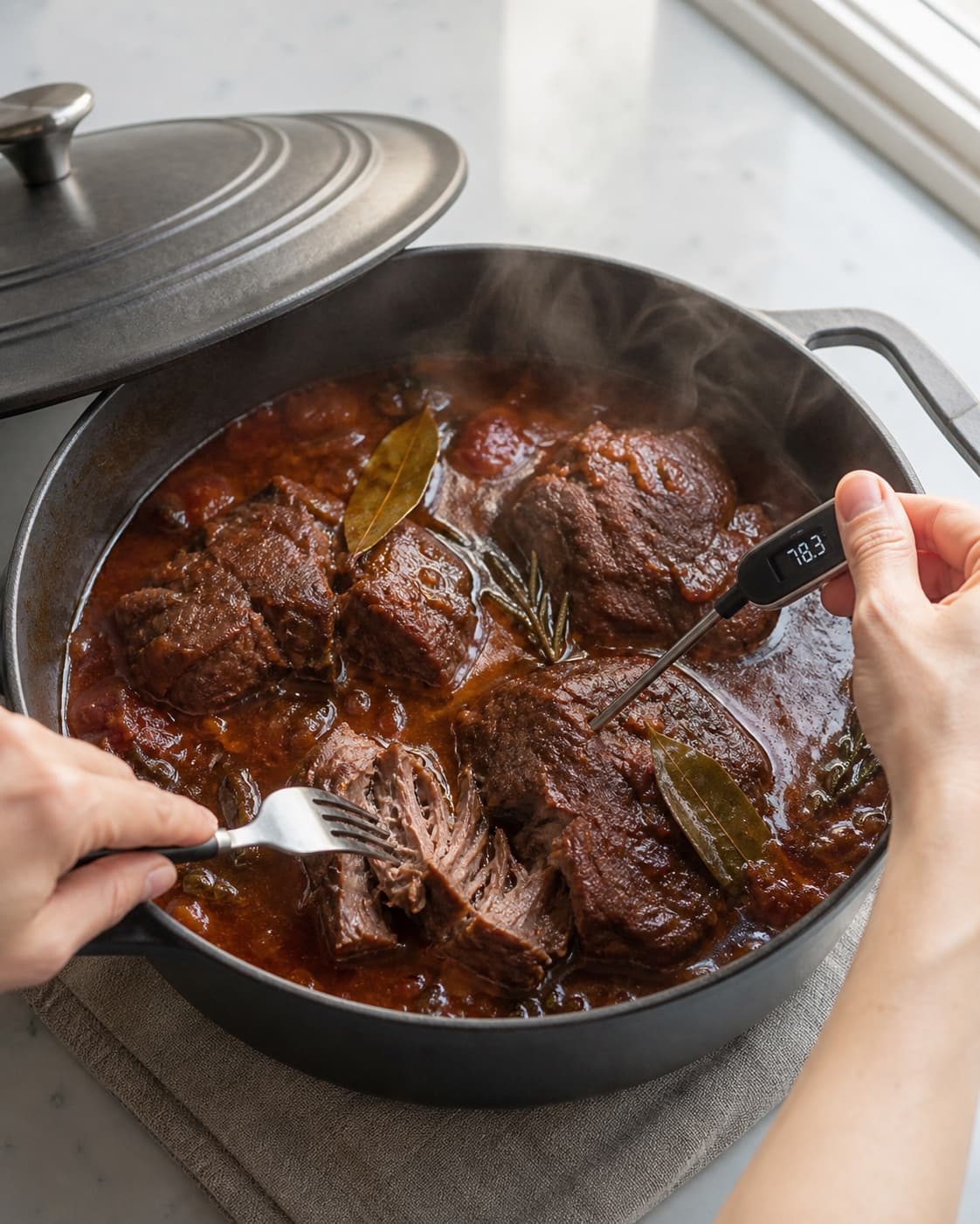 Langtidsbraiseret oksebov i mørkerød sauce måles til 78,3 °C, mens et andet stort stykke deles med gaffel i fugtige møre fibre
