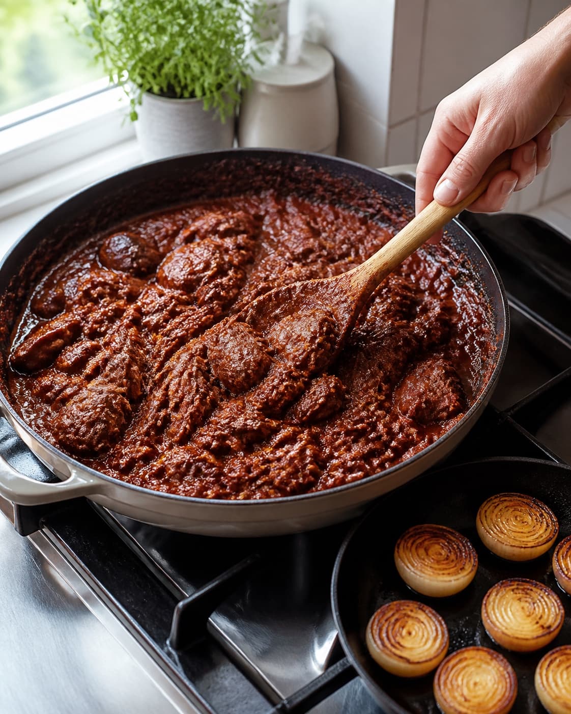 Blank tæt ragù rummer både trukne oksefibre og mindre hele stykker, mens præcis seks perleløgshalvdele brunes separat på snitfladen