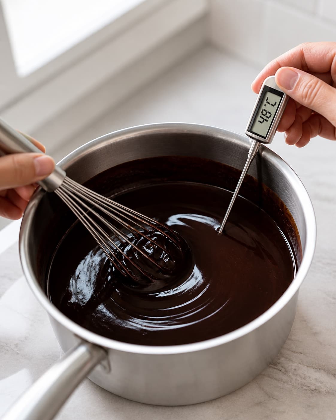 Blank mørk cacaosirup uden klumper eller frit fedt piskes glat og måles til 48 °C, før den foldes med kold aquafaba