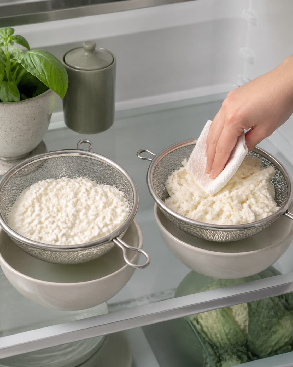 Hytteost og revet mozzarella dræner koldt i præcis to separate fine sier, mens mozzarellaen duppes mat med køkkenpapir