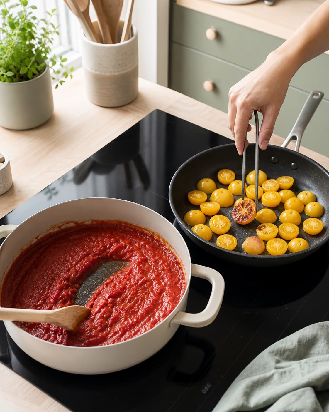 Tæt rød tomatsauce holder en åben ske-bane uden vandrand ved siden af gule tomathalvdele med mørk ristet snitflade og fast form