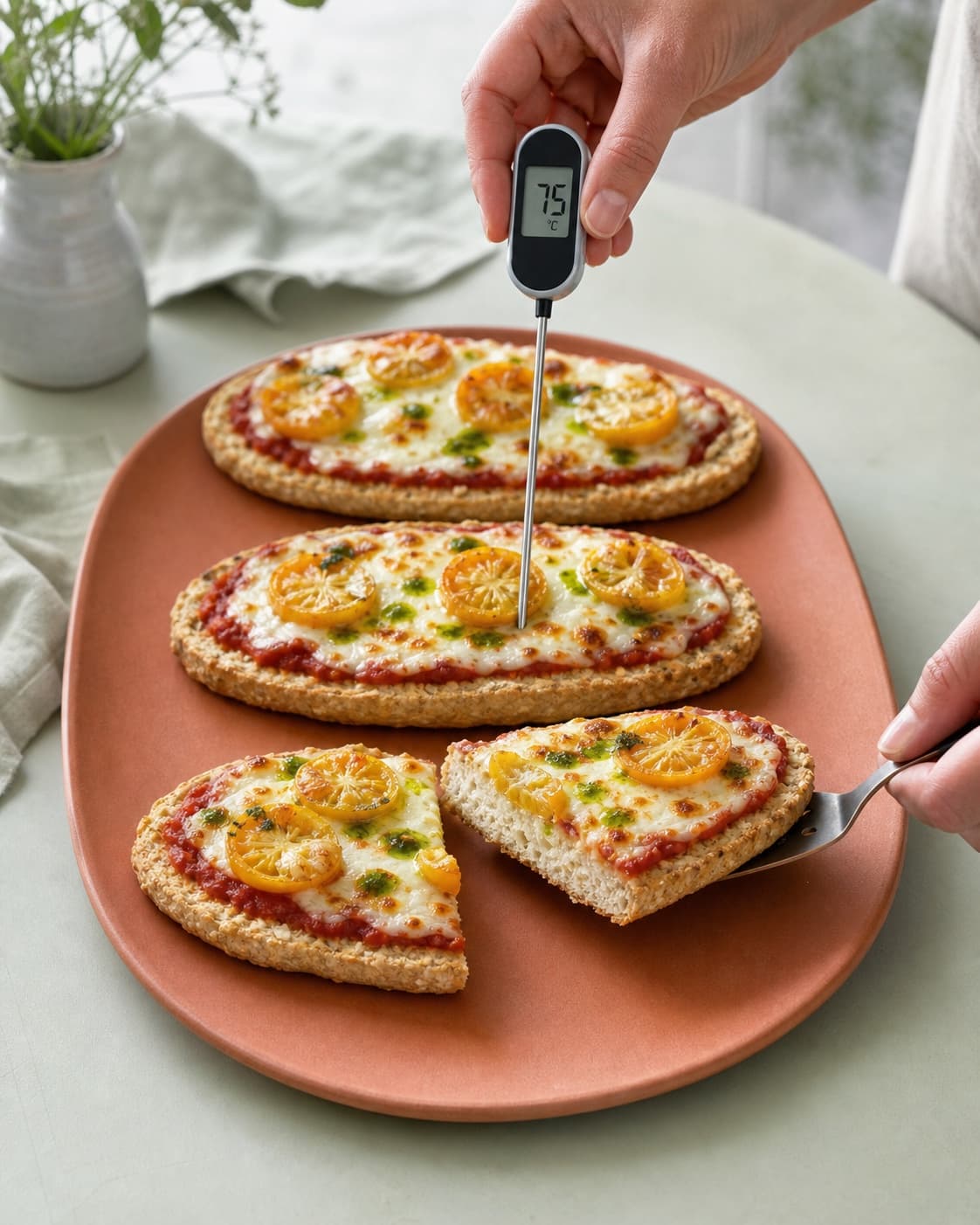 Præcis tre gratinerede pizzabåde har gylden mozzarella, gule tomater og basilikumolie, mens en fast delt bund løftes og centrum viser 75 °C