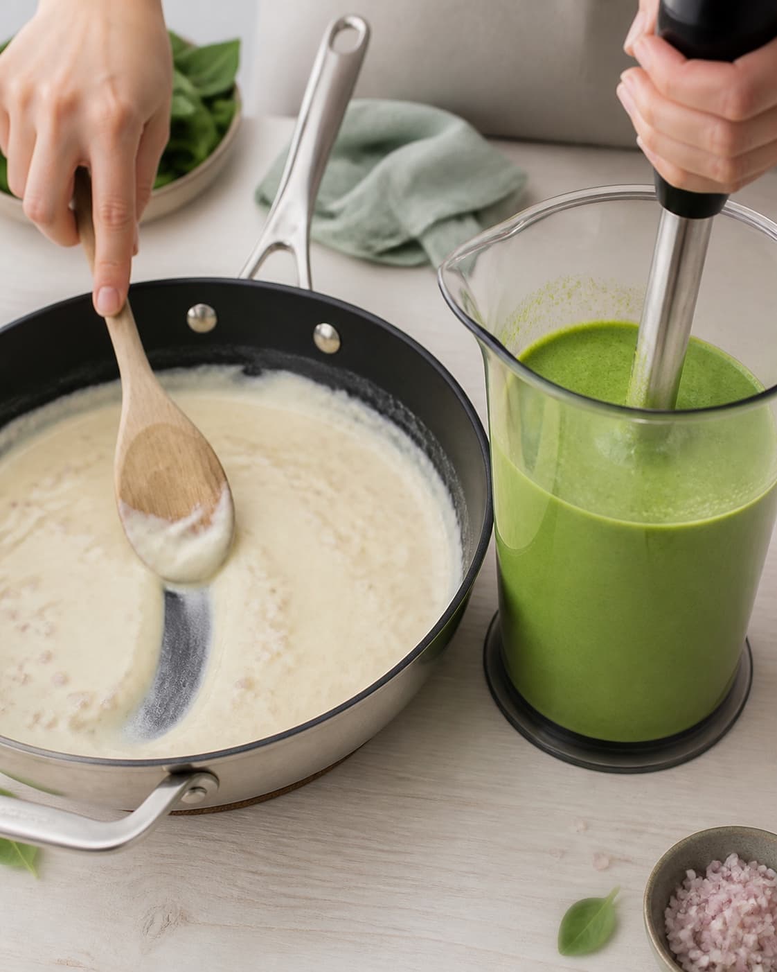 Reduceret lys flødesauce holder en tydelig ske-bane ved siden af glat klart lysegrøn spinatcreme uden bladstykker eller væskekant