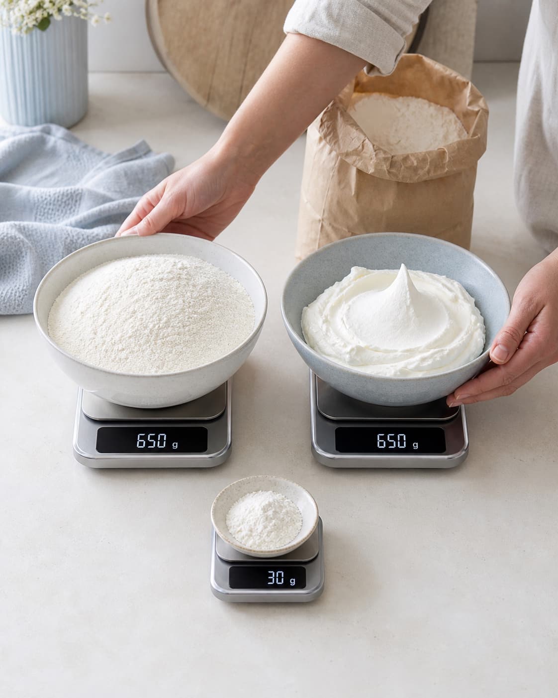 Selvhævende mel og tyk kold græsk yoghurt vejes hver til 650 g, mens en separat lille skål viser 30 g reserveret mel