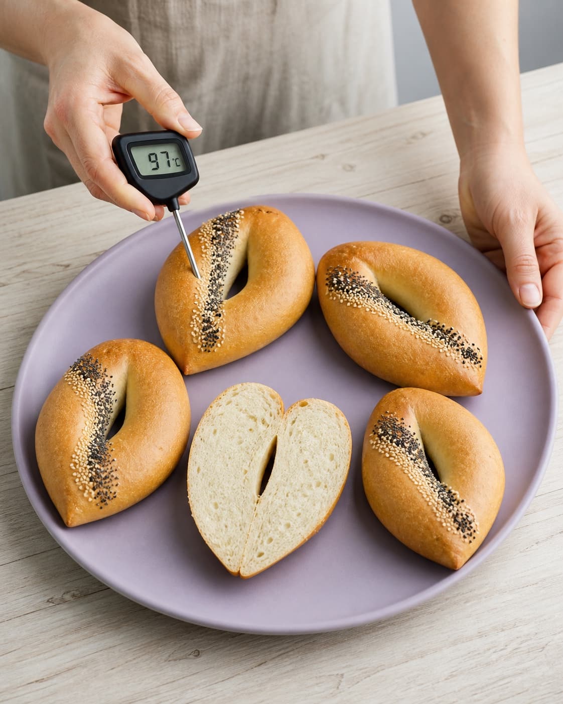 Præcis fem honninggyldne yoghurtbagels vises som fire hele og én vandret delt med ens krumme, mens centrum måles til 97 °C