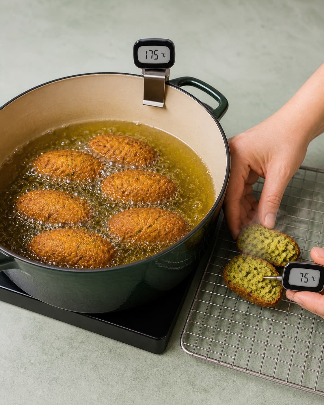 Præcis seks aflange falafler frituresteger ved 175 °C, mens en separat delt prøve viser fast grøn krumme og måles til 75 °C