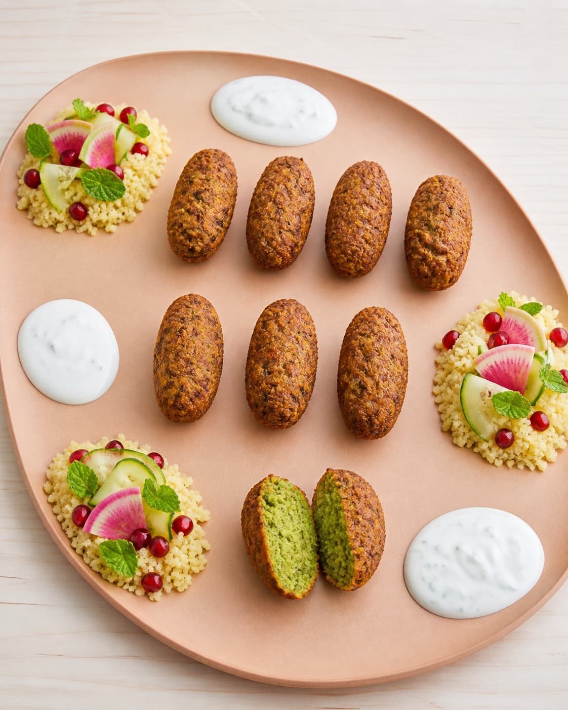 Præcis otte falafler ligger som syv hele og én delt mellem tre couscousfelter og tre separate hvide dressingovaler