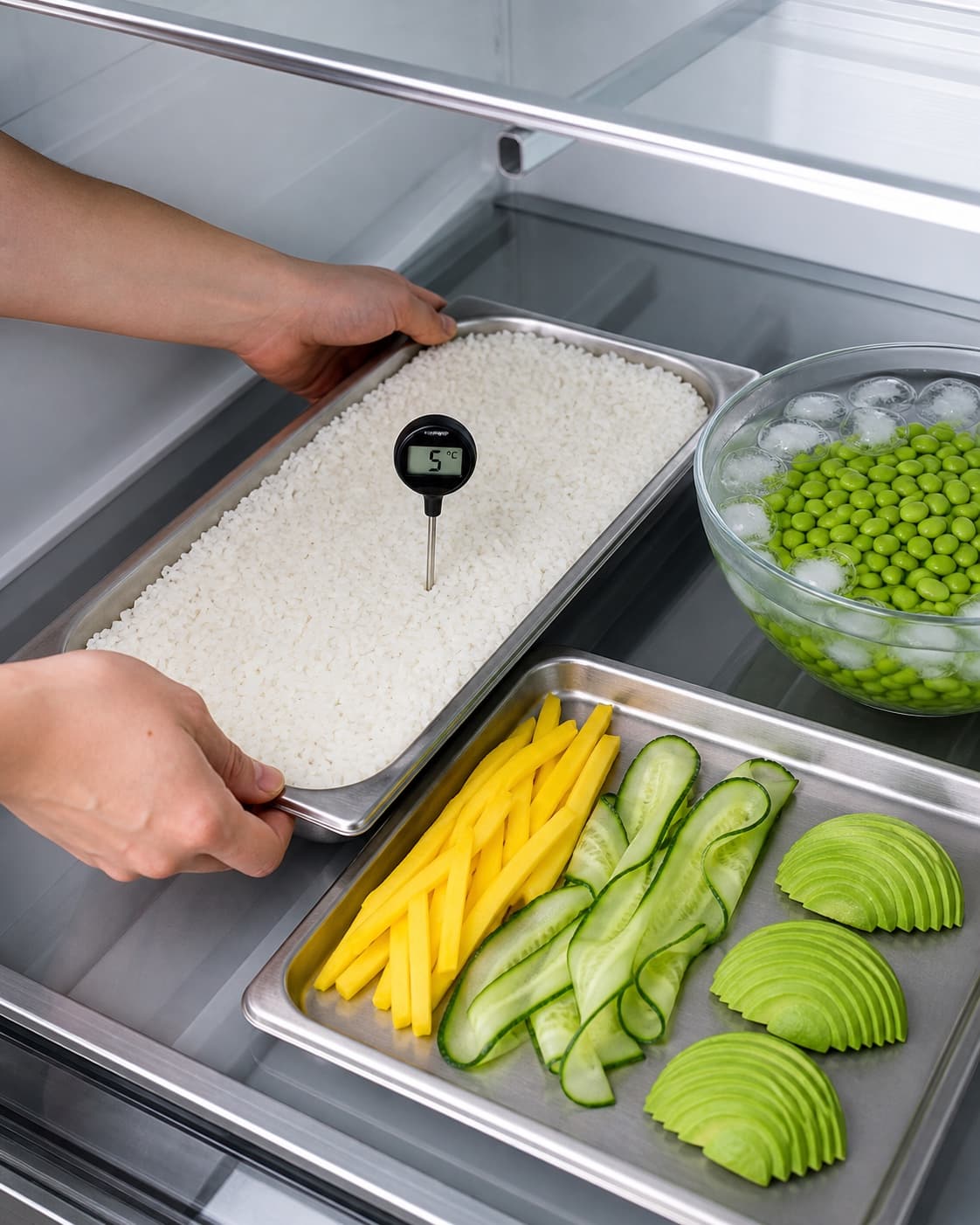 Rene hvide sushiris køles i et lavt lag til 5 °C ved siden af edamame i isvand og separate felter med mango, agurk og tre avocadofans