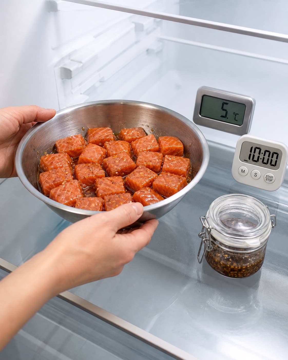 Ens rå laksetern marinerer let glaserede i præcis 10 minutter ved 5 °C, mens den urørte rene marinade står lukket separat