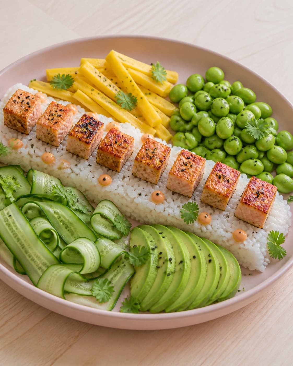 Præcis otte gennemstegte sesamlaksetern ligger i række på blanke ris mellem fire adskilte felter med mango, edamame, agurk og avocado