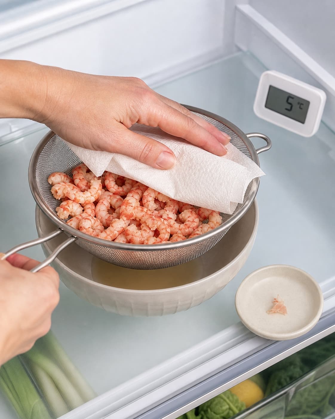 Kolde færdigkogte krebsehaler drypper af i en fin si ved 5 °C og duppes tørre, mens frasorterede skalstykker ligger separat