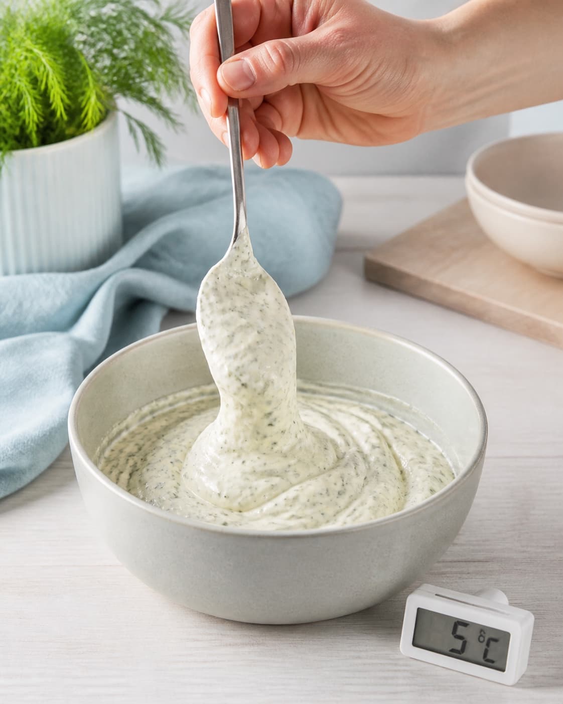 Tæt kold dilddressing med fine grønne prikker holder en tydelig top på skeen uden væskekant ved dokumenterede 5 °C
