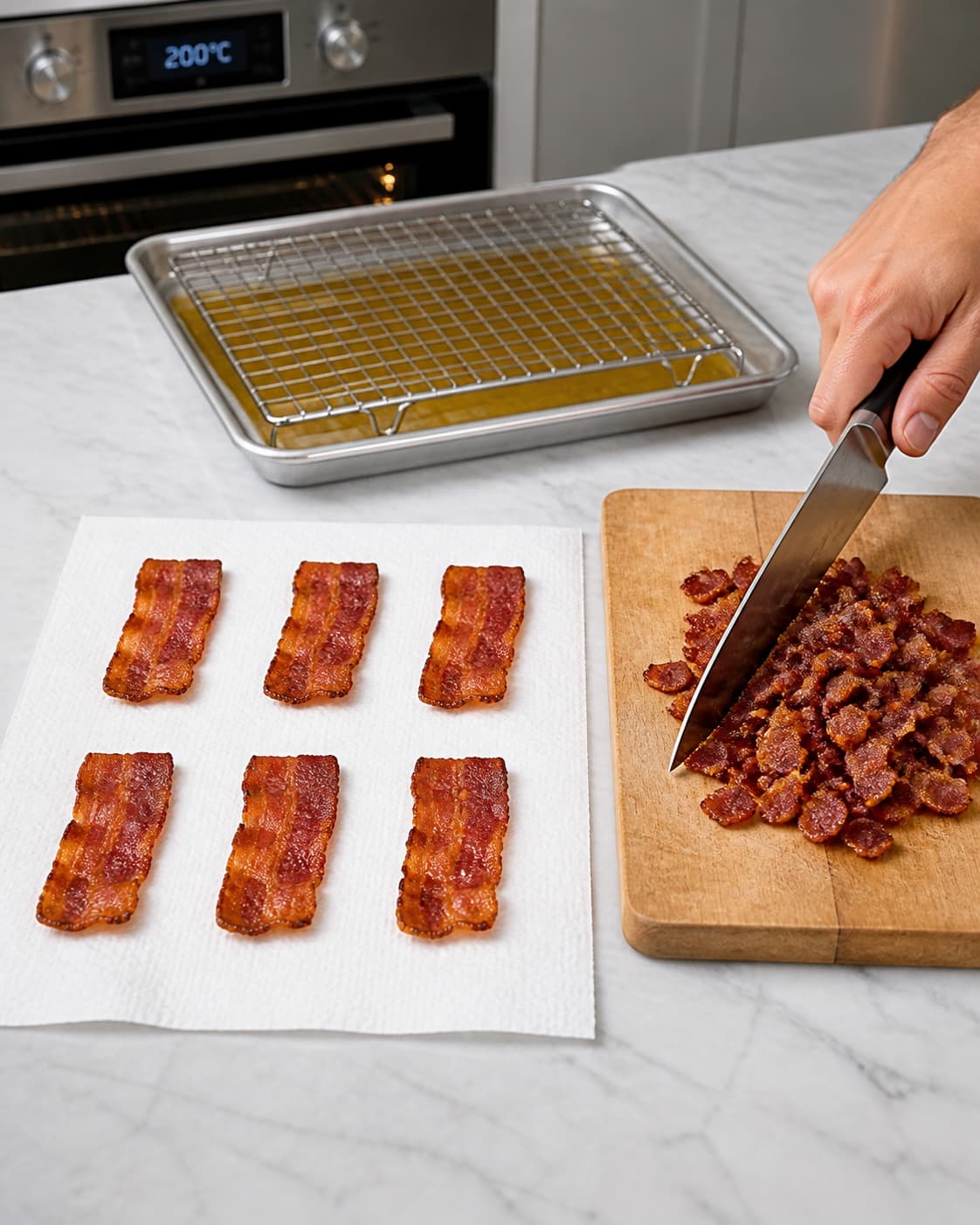 Præcis seks tørre sprøde baconflager ligger i to rækker på rent papir ved siden af en separat bunke grofthakket færdigstegt bacon