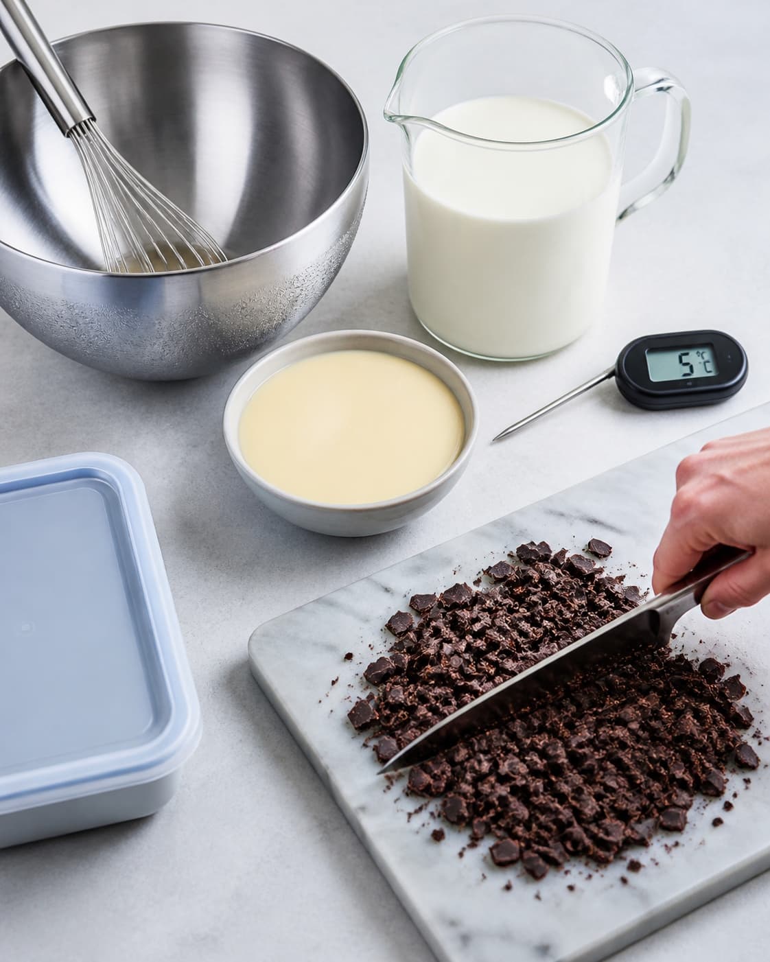 Kolde fløde og kondenseret mælk står ved 5 °C med tør finthakket mørk chokolade, kølet skål, piskeris og lav frysebeholder
