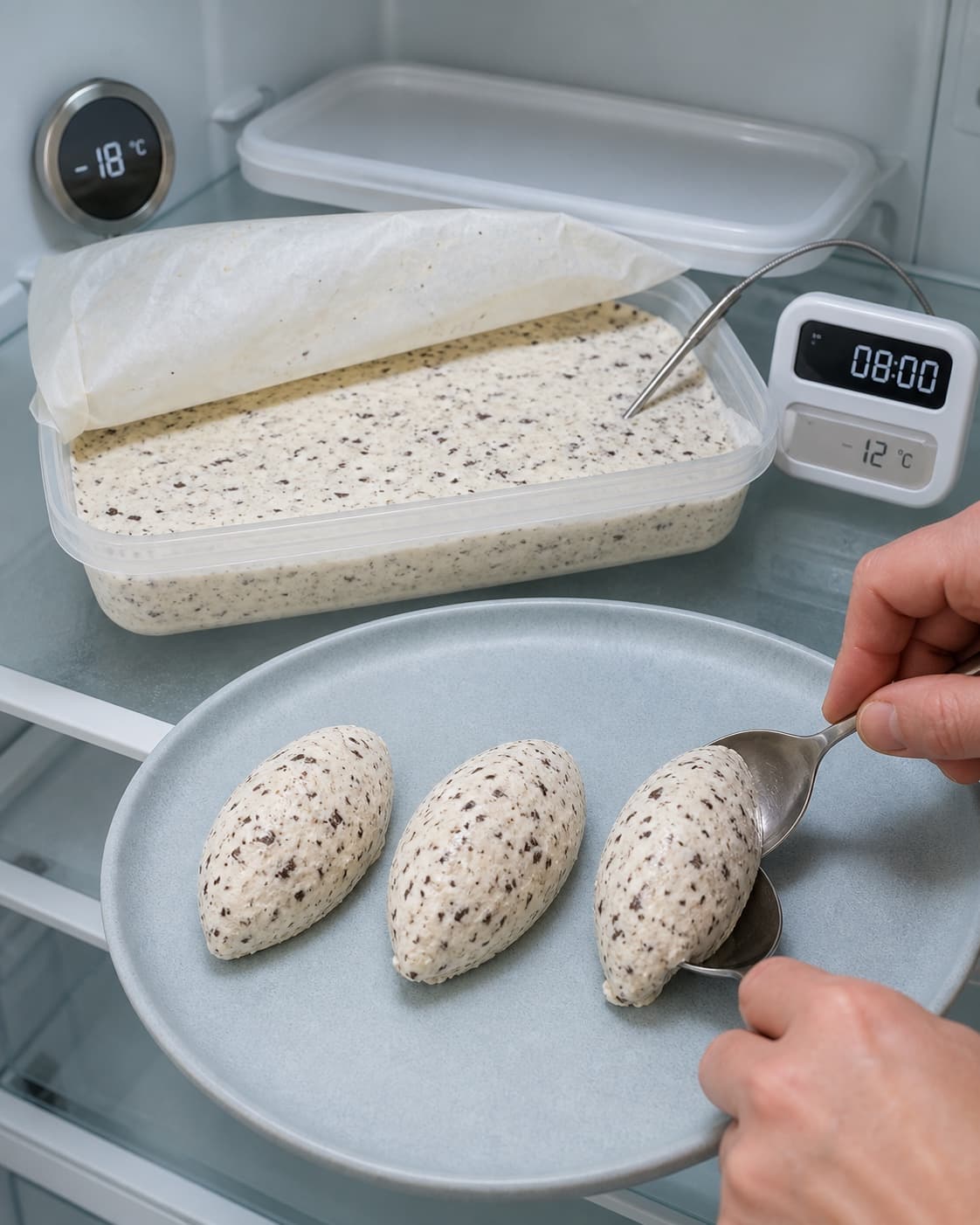 Præcis tre faste stracciatella-queneller formes på køl efter otte minutter ved siden af en lav beholder med kontaktpapir og -18 °C opbevaring