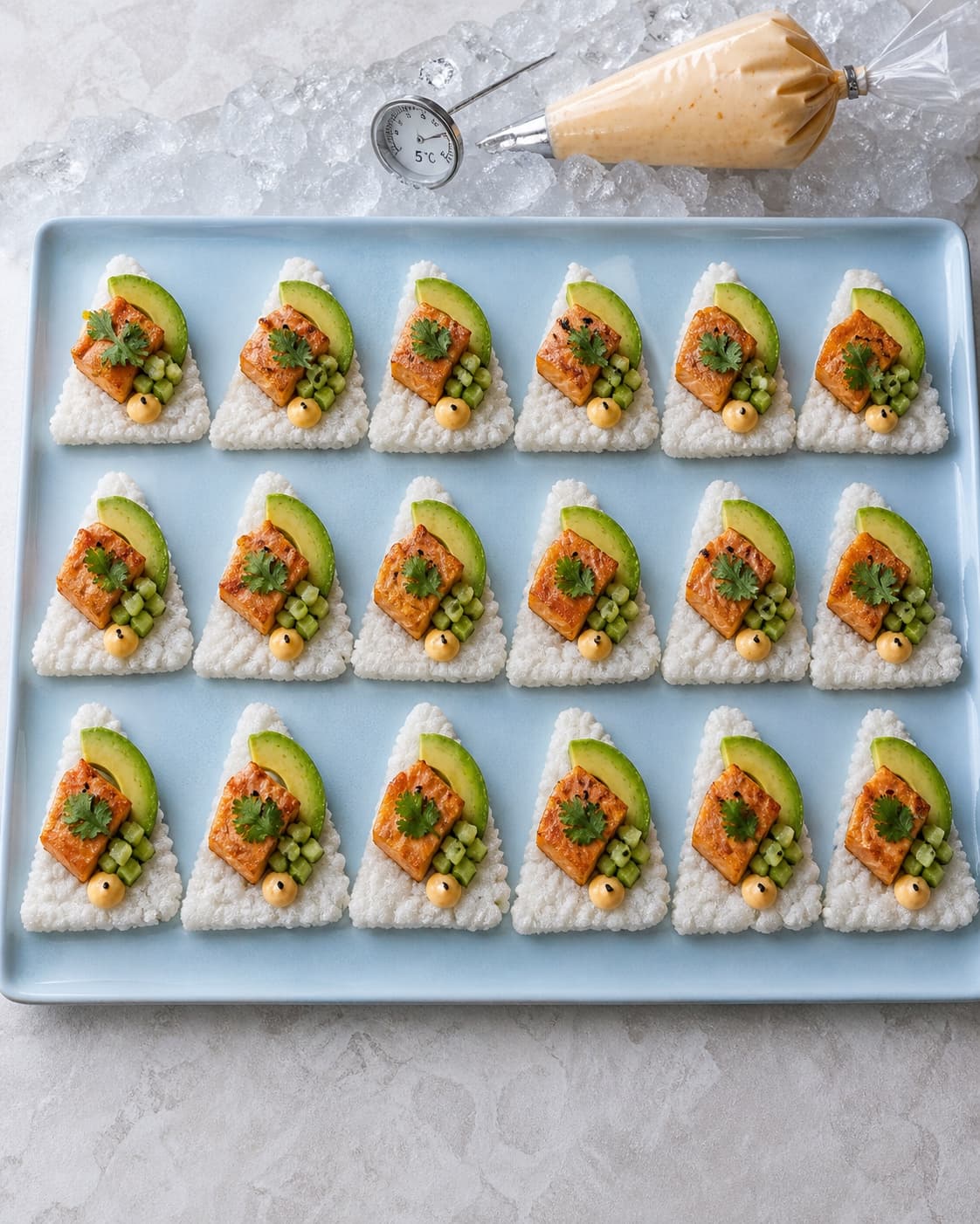 Præcis atten sprøde hvide rispapirchips står i tre rækker med ét varmt laksetern, én avocadobue, agurk og én kold mayodråbe på hver
