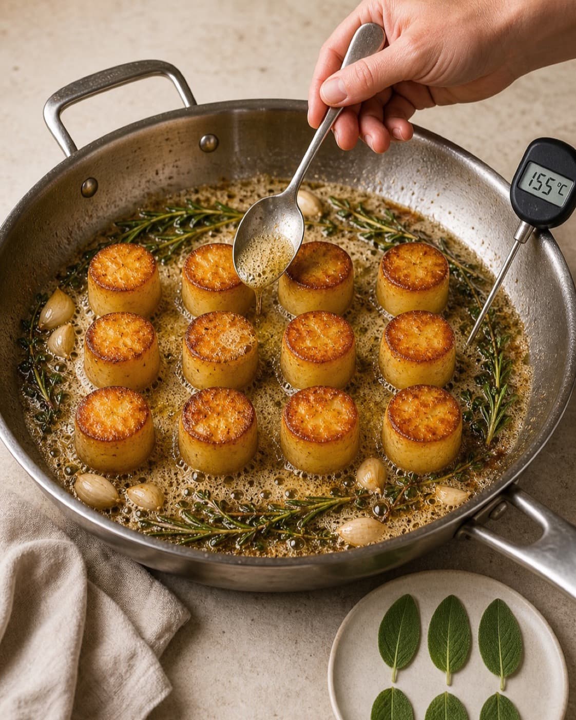 Nøddegyldent smør med lyst hvidløg, timian og rosmarin øses over tolv kartoffeltoppe ved 155 °C, mens seks salvieblade ligger separat