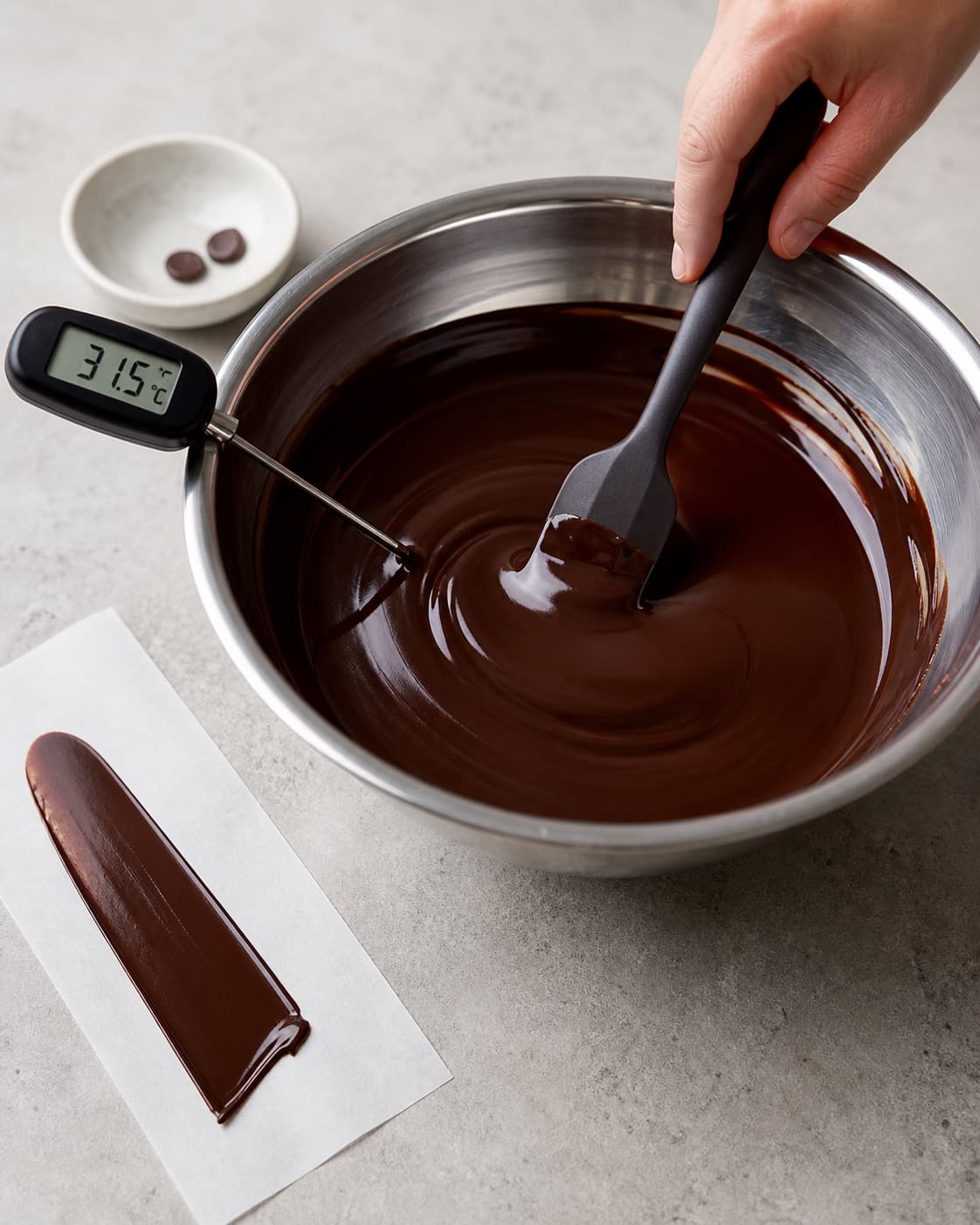 Frøtempereret mørk chokolade er blank ved 31,5 grader og giver en fast prøve uden striber