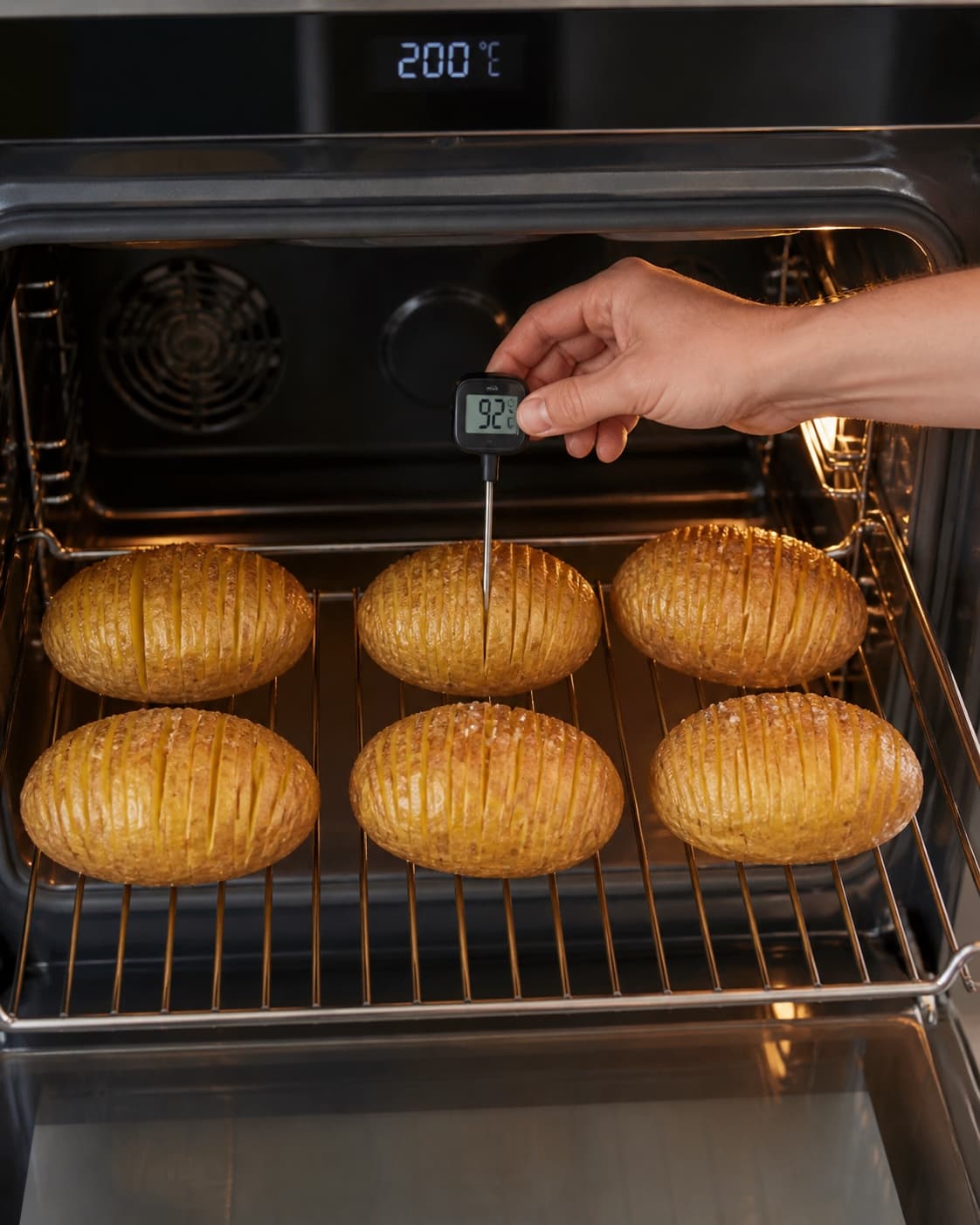 Seks olierede kartoffelvifter førstebages direkte på rist ved 200 grader og måles til 92 grader
