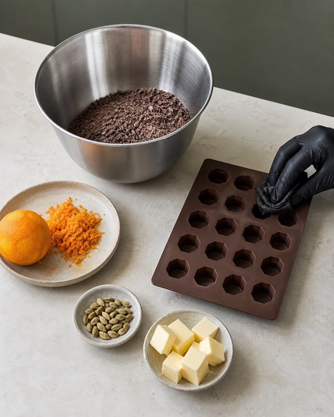 Finthakket mørk chokolade står i tør stålskål ved aftørrede sekskantforme, appelsinskal, kardemomme og køligt smør