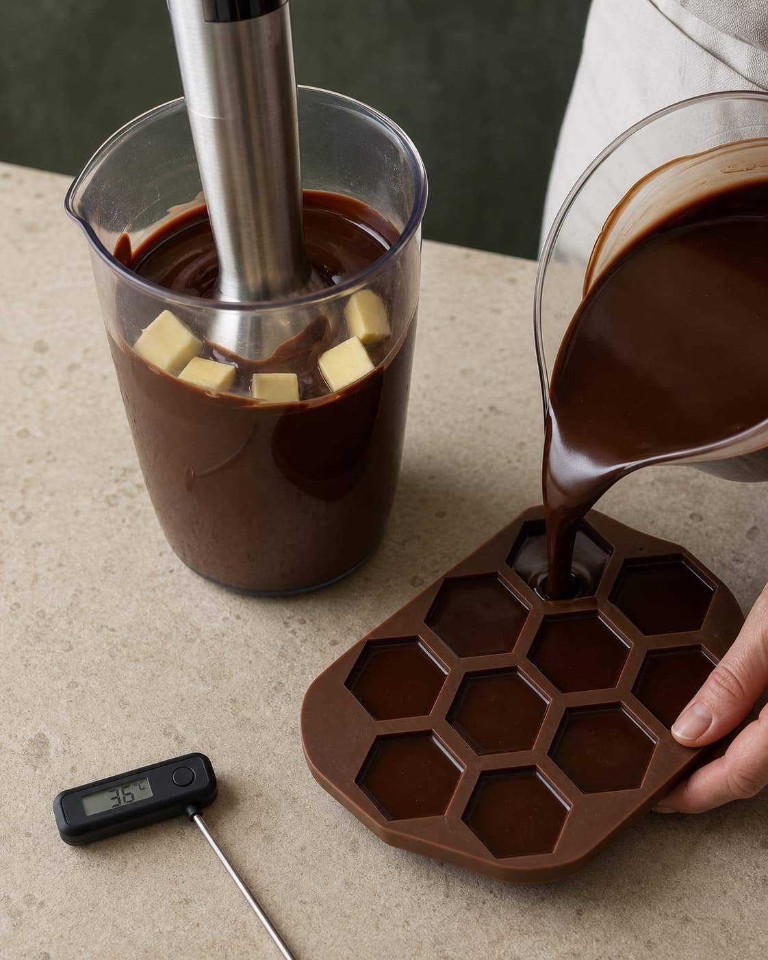 Bløde smørtern monteres i blank ganache ved 36 °C, mens den ensartede masse fyldes i lave sekskantforme