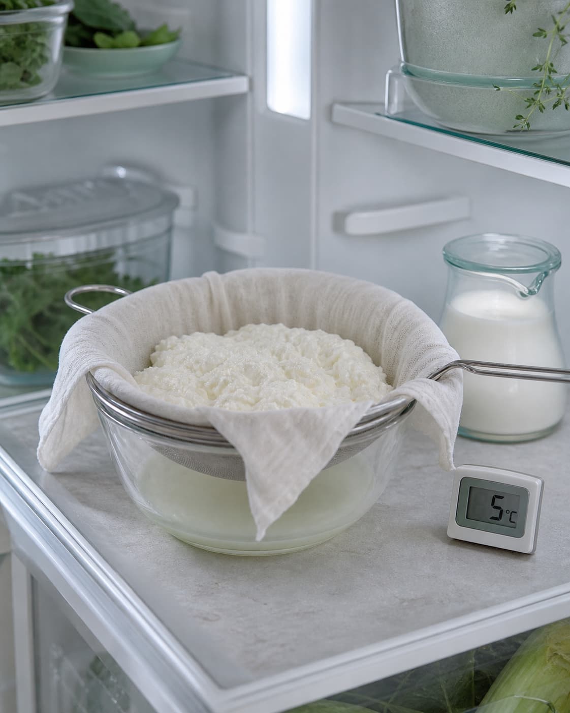 Frisk ricotta dræner passivt i klædeforet si over en skål ved 5 °C med kold fløde klar ved siden af