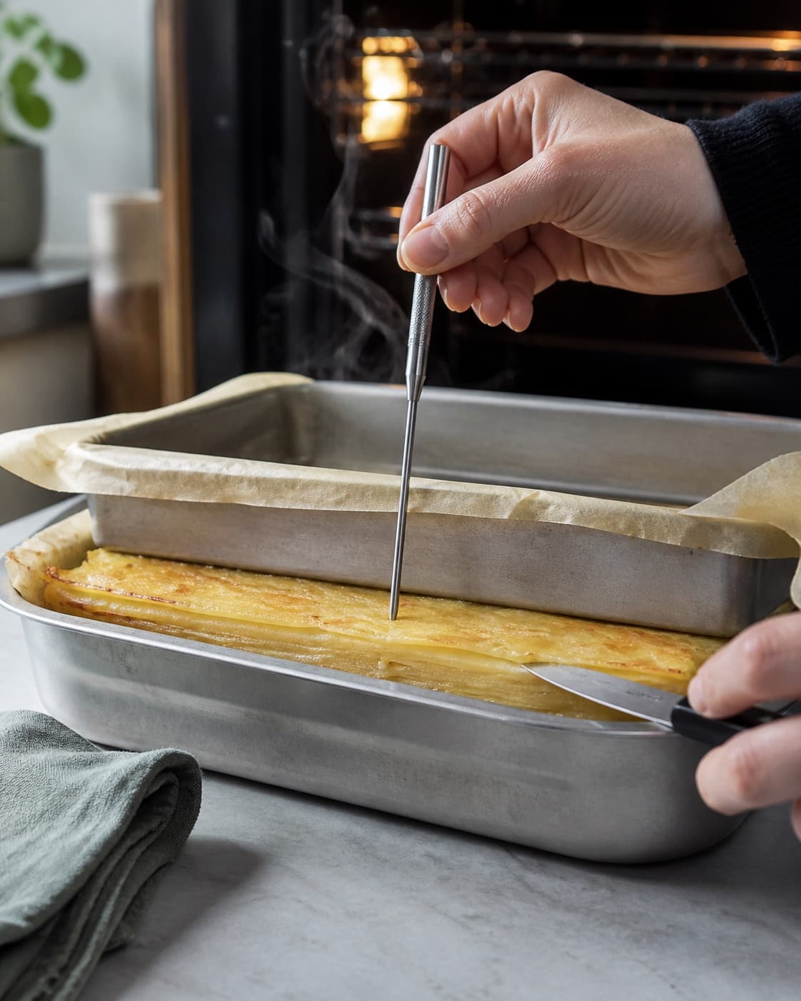 Den sammenpressede kartoffelplade er bagt mør med lyse gyldne kanter, mens centrum kontrolleres med en tynd temperaturprobe